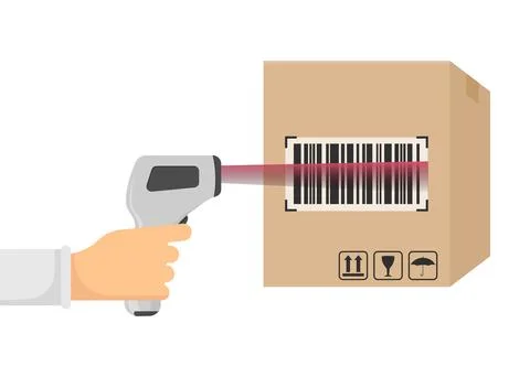 Barcode scanner package. Package barcode scanning. Warehouse barcode scanner. Stock Illustration