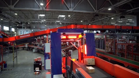 Barcode scanner on the Postal Parcel Sorting Line Stock Footage 127992865