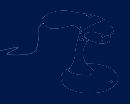 Barcode scanner scanning using laser beam for retail checkout in a outline 스톡 일러스트
