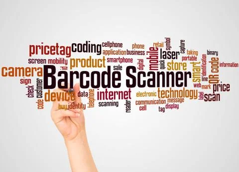 Barcode scanner word cloud and hand with marker concept Stock-Fotos