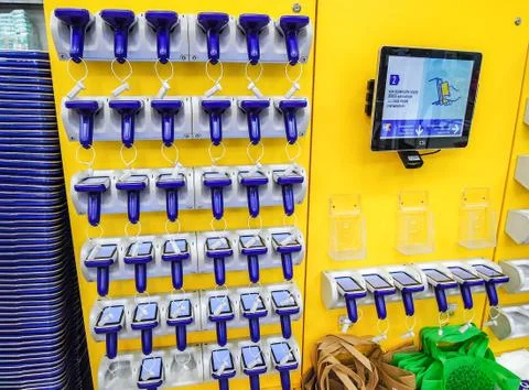 Barcode scanners at the Lenta superstore Stock Photos