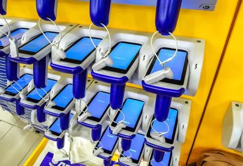 Barcode scanners at the Lenta superstore Stock Photos