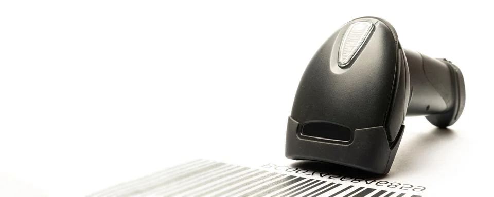 Barcode scanning. Reader laser scanner for warehouse. Retail label barcode sc Stock-Fotos