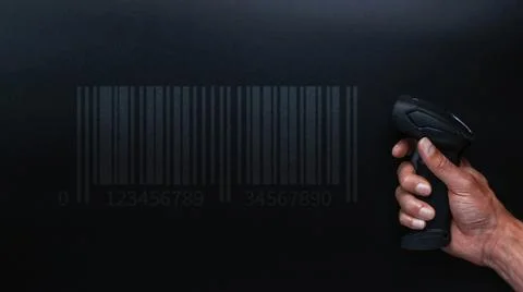 Barcode scanning. Reader laser scanner for warehouse. Retail label barcode sc Stock Photos