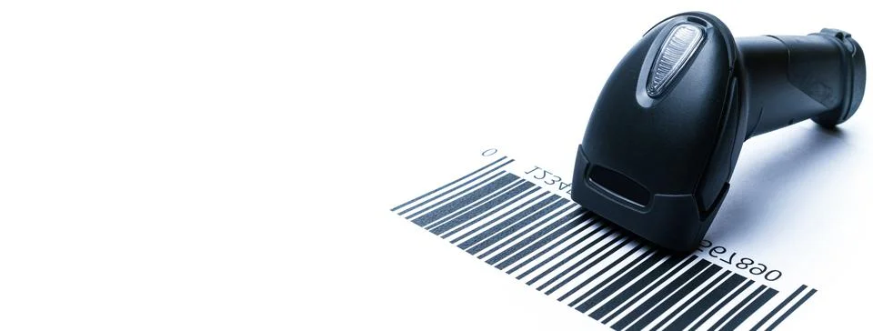 Barcode scanning. Reader laser scanner for warehouse. Retail label barcode sc Foto stock