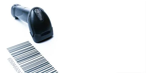 Barcode scanning. Reader laser scanner for warehouse. Retail label barcode sc Stock Photos