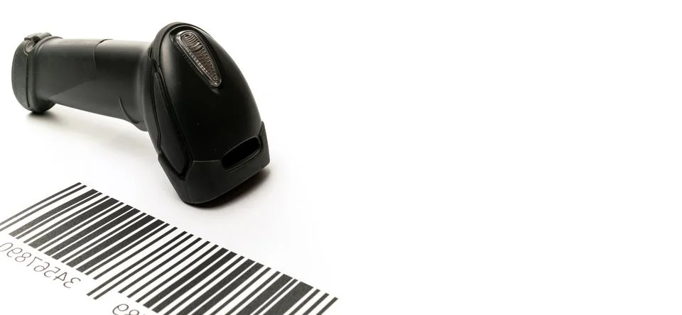 Barcode scanning. Reader laser scanner for warehouse. Retail label barcode sc Stock Photos