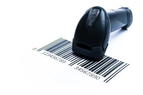 Barcode scanning. Reader laser scanner for warehouse. Retail label barcode sc Stock Photos
