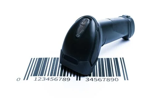 Barcode scanning. Reader laser scanner for warehouse. Retail label barcode sc Stock Photos