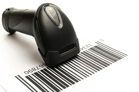 Barcode scanning. Reader laser scanner for warehouse. Retail label barcode sc Stock Photos