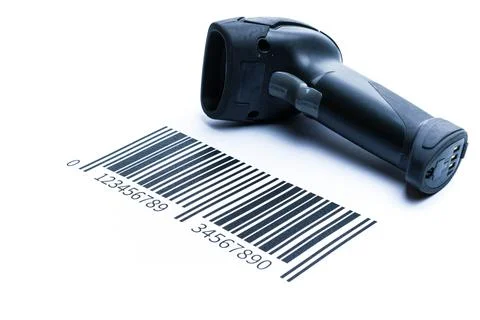 Barcode scanning. Reader laser scanner for warehouse. Retail label barcode sc Stock Photos