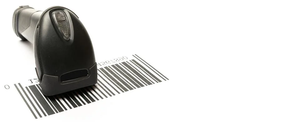 Barcode scanning. Reader laser scanner for warehouse. Retail label barcode sc Foto stock
