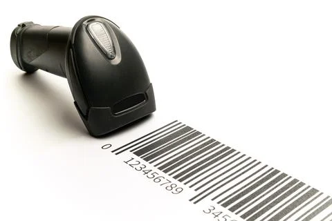 Barcode scanning. Reader laser scanner for warehouse. Retail label barcode sc Stock-Fotos