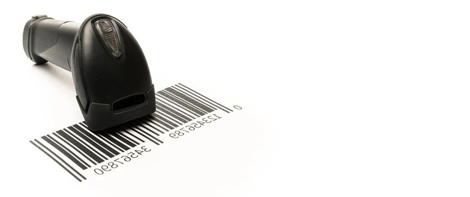 Barcode scanning. Reader laser scanner for warehouse. Retail label barcode sc Stock-Fotos