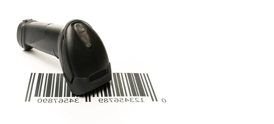 Barcode scanning. Reader laser scanner for warehouse. Retail label barcode sc Stock Photos