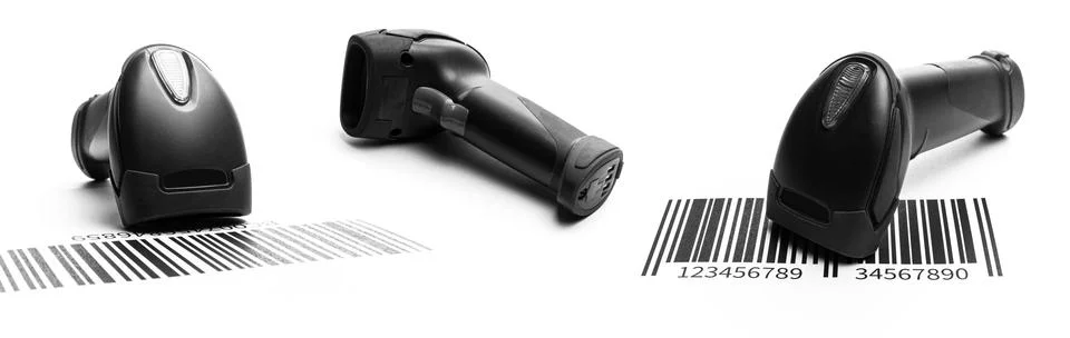 Barcode scanning set. Reader laser scanner for warehouse. Retail label barcode Stock Photos