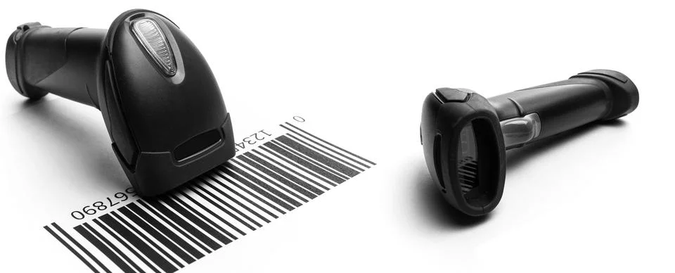 Barcode scanning set. Reader laser scanner for warehouse. Retail label barcode Stock Photos