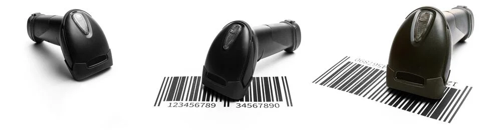 Barcode scanning set. Reader laser scanner for warehouse. Retail label barcode Stock Photos