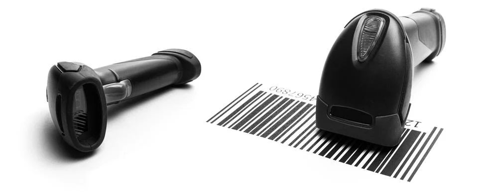 Barcode scanning set. Reader laser scanner for warehouse. Retail label barcode Stock Photos