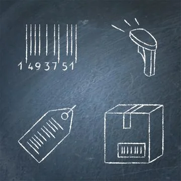 Barcode tags and scanner chalkboard icon set Stock-Illustration