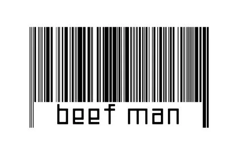 Barcode on white background with inscription beef man below. Concept of tradi Stock Illustration