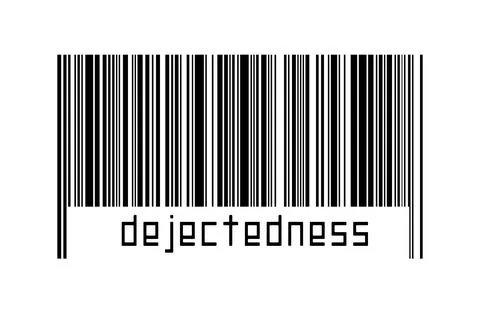 Barcode on white background with inscription dejectedness below. Concept of t 库存插图