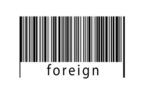 Barcode on white background with inscription foreign below. Concept of tradin Illustrazione stock