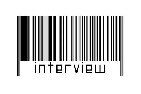 Barcode on white background with inscription interview below. Concept of trad Stock Illustration