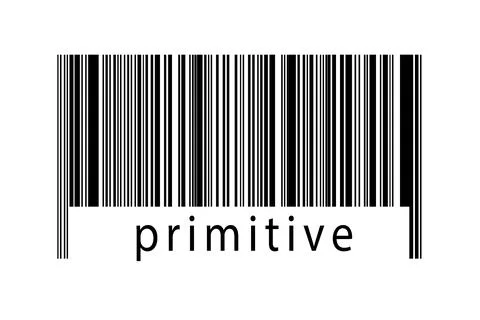 Barcode on white background with inscription primitive below. Concept of trad Stock Illustration