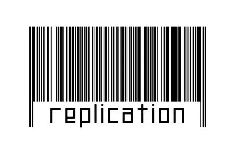 Barcode on white background with inscription replication below. Concept of tr 스톡 일러스트