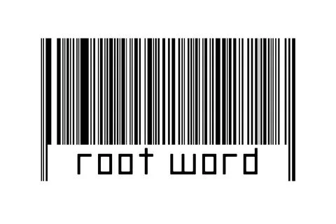 Barcode on white background with inscription root word below. Concept of trad Stock Illustration