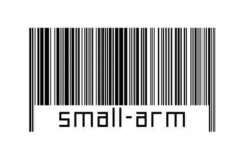 Barcode on white background with inscription small-arm below. Concept of trad Illustrazione stock