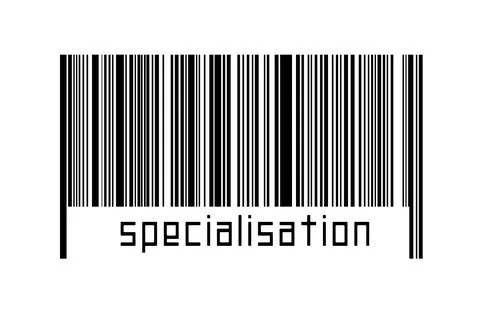 Barcode on white background with inscription specialisation below. Concept of Stock Illustration