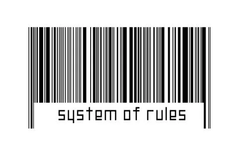 Barcode on white background with inscription system of rules below. Concept o Stock-Fotos