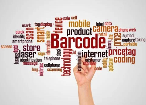 Barcode word cloud and hand with marker concept Stock Illustration