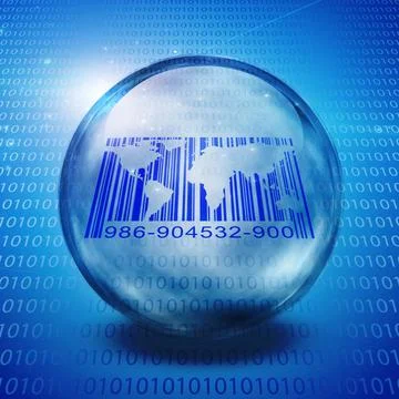 Barcode with world s map Barcode with world s map inside crystal ball. Bin... Foto stock
