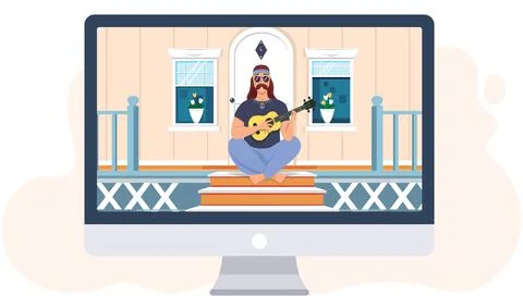 Bard performing his song on computer monitor. Man sitting on doorstep of his Ilustración de archivo