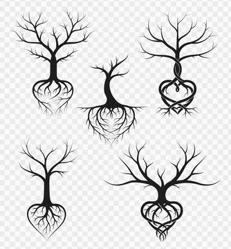 Bare Branch Tree Vector with Heart Shaped Roots Minimalist Silhouette for S.. Stock Illustration