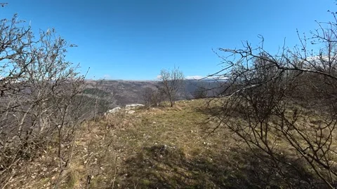 Bare bushes dot dry, grassy hillside. Kozji Kamen Viewpoint Vidéo 331813277
