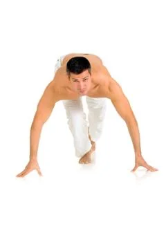 Bare-chested man on starting grid Stock Photos