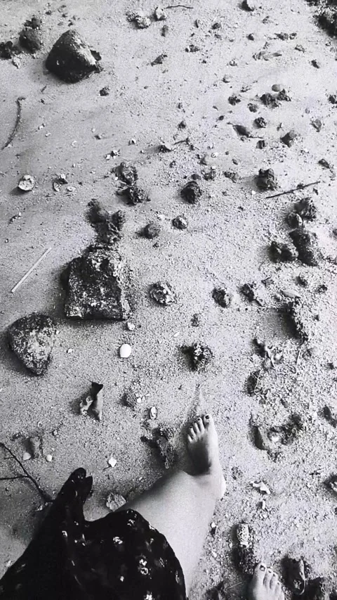 Bare Feet on Pebbly Beach Sand Black and White, Relaxing Summer Mood Stock Footage 326225377