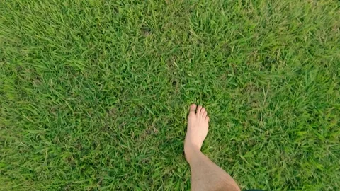 Bare feet walking on the grass POV, concept of freedom and happiness in slow Stock Footage 103784288