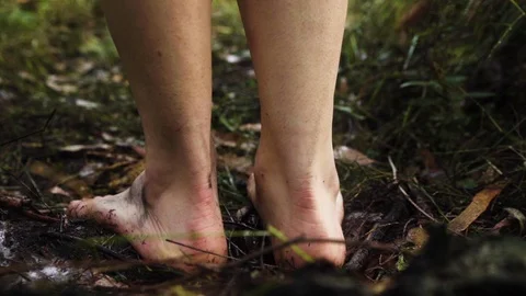 Bare feet walking through jungle forest floor gimbal shot slow motion Stock Footage 102808038
