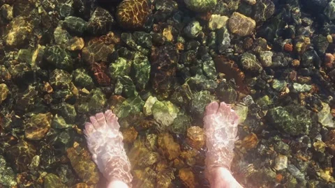 The bare feet of a white man in a stream of water from a mountain stream stand Stock Footage 137383640
