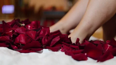 Bare female smooth shaved legs move, wiggle, lift, stir, kick red rose petals Video stock 309965575