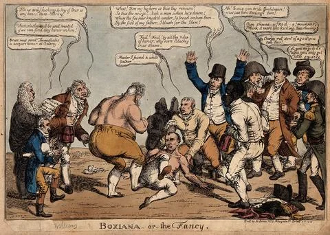 A bare-knuckled boxing match between the Prince of Wales and Napoleon, with.. Stock Illustration