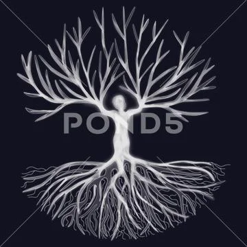 A bare, leafless luminous tree with a trunk shaped like a human body PSD Template