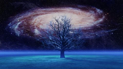 Bare leafless tree on a misty plane with the spinning galaxy in the background Stock Footage 284539793