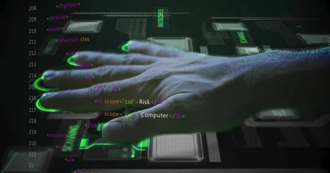 Bare right hand sweeping code and pressing green touch controls initiating Stock Footage 312898255