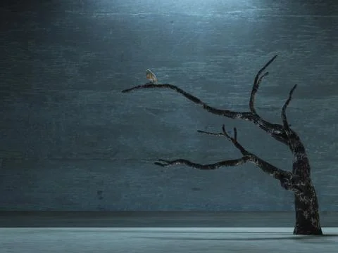 Bare tree with bird in surreal space Stock Illustration